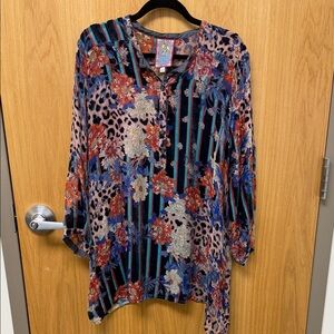 Johnny Was Floral & Stripe Mixed Print Tunic - Blue, Black, Pink